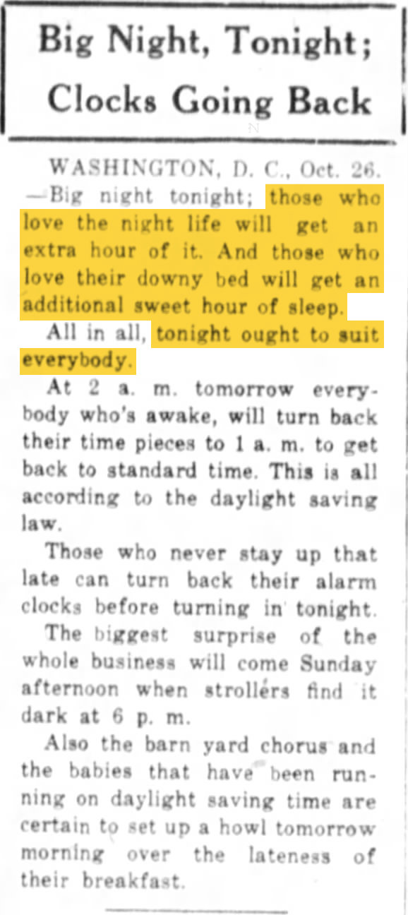 history 1918 10 26 news usa big night tonight clocks going back