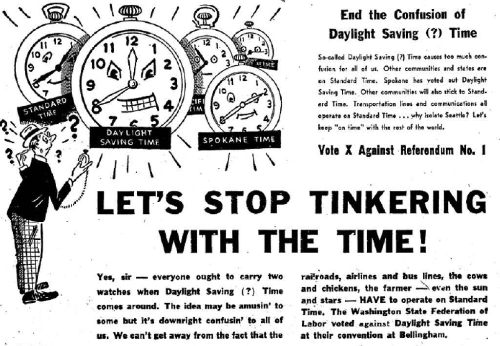 history 1948 advertisement washington seattle stop tinkering dst