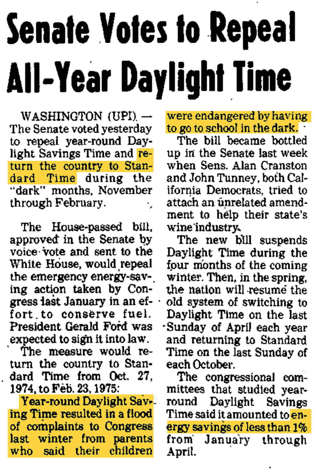 history 1974 10 01 news usa senate votes to repeal all year daylight time