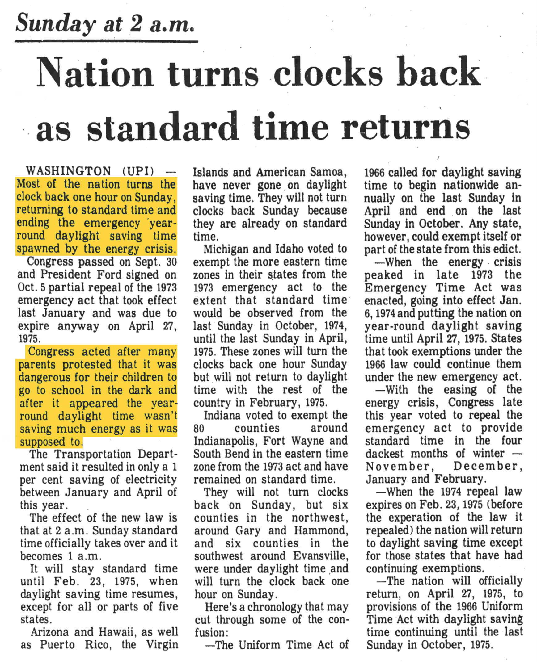 history 1974 10 25 news usa sunday at 2am nation turns clocks back