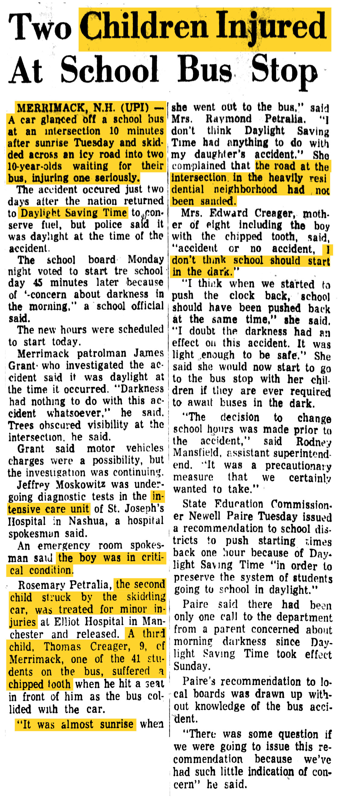 history 1974 new hampshire merrimack news two children injured at school bus stop