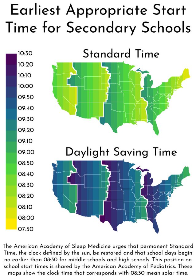 info map earliest appropriate start time for secondary schools usa