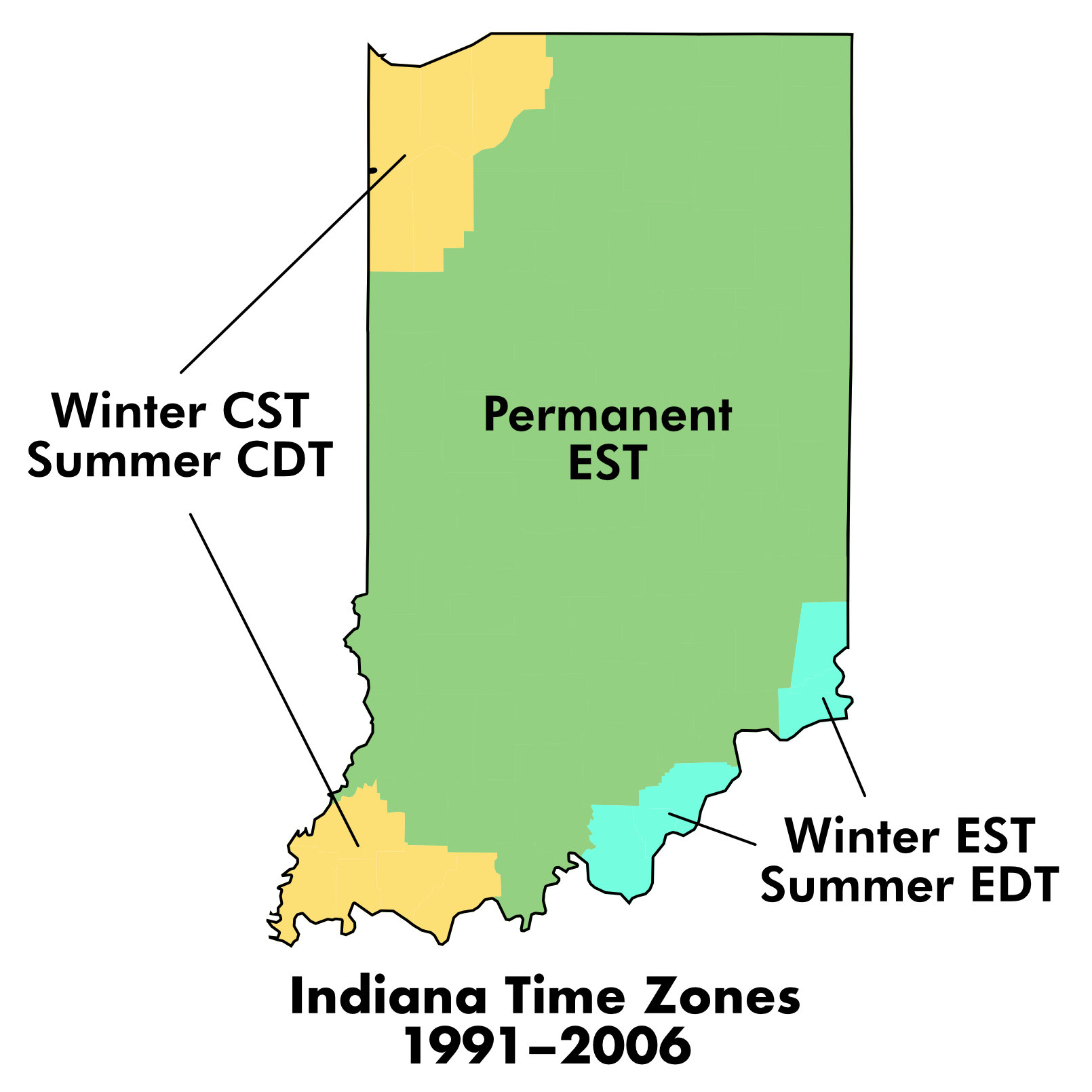 info map indiana time zones 1991 2006