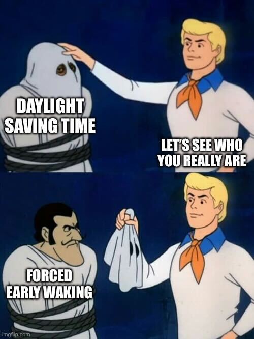 meme scooby doo fred dst forced early waking